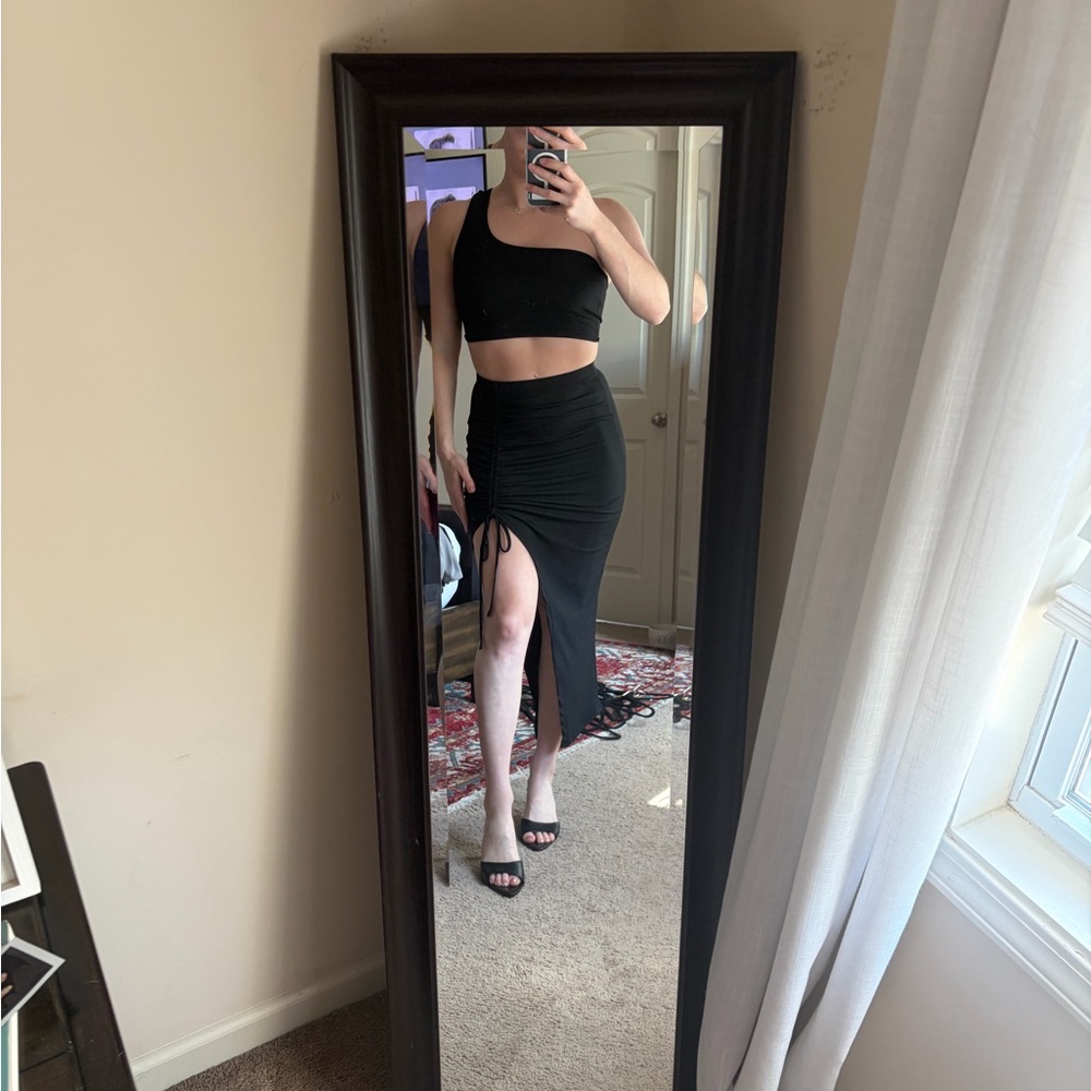 Black One-Shoulder Crop Top & Ruched Side-Slit Maxi Skirt Set